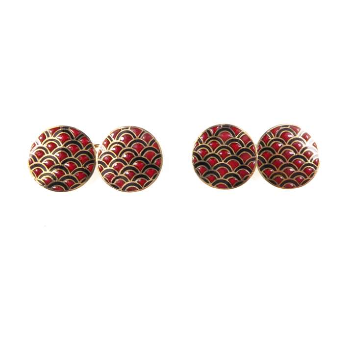 Pair of Art Deco round gold, red and black enamel cufflinks